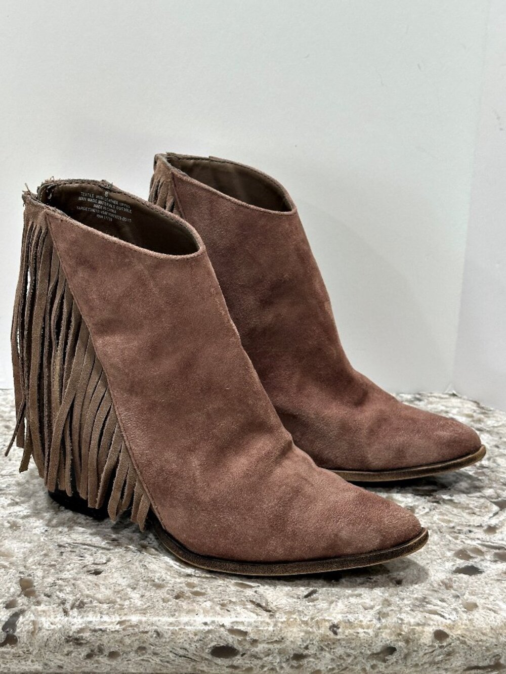 BOHO Fringe Ankle Boots Womens 8 Taupe Festival Western Indie Booties Mossimo